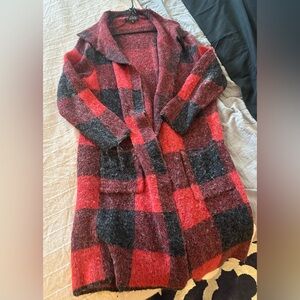 Long Red Plaid Cardigan